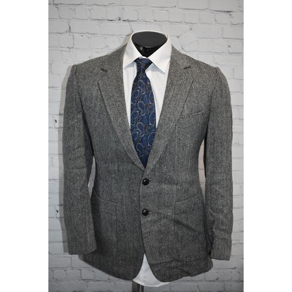 William John Blazer Tweed Style Mens Size 40 Reg Gray Herringbone Linen Wool - Picture 2 of 12